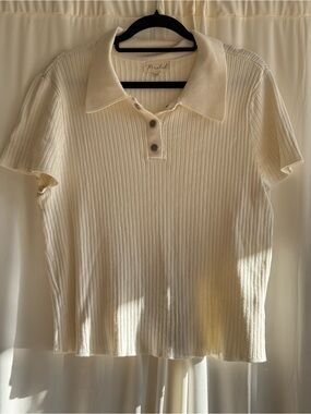 Marled Ribbed Knit Polo Top – White (Size XL)